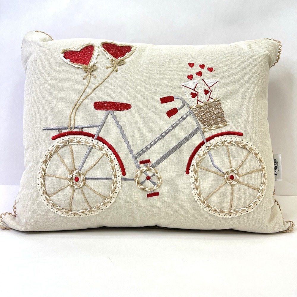Embroidered Pillow Bicycle Fringe Hearts Beige/Red 18x14x6‎ Cottagecore